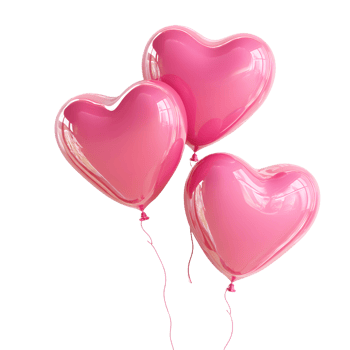 Three glossy pink heart shaped balloons floating together isolated on transparent background png
