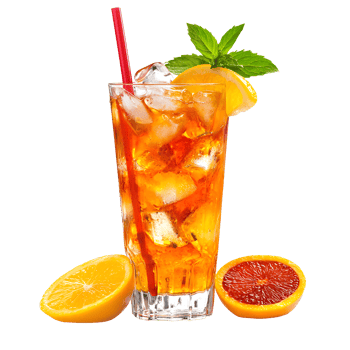 Refreshing orange iced tea with mint and citrus slices in a tall glass with a red straw isolated on transparent background png