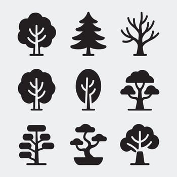 Set of Minimalist Black Silhouette Tree Icons for Nature Designs vector