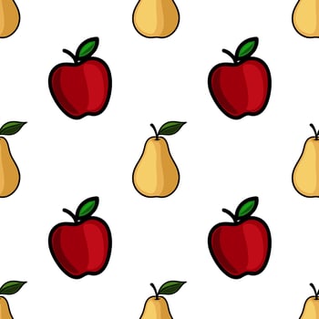 Seamless pattern featuring alternating red apples and yellow pears, rendered in a bold, cartoonish style with black outlines against a white background, creating a playful and vibrant design. vector