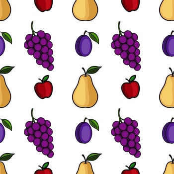 Seamless pattern with hand-drawn illustrations of ripe pears, apples, plums, and grapes, arranged in a repeating design on a white background. vector