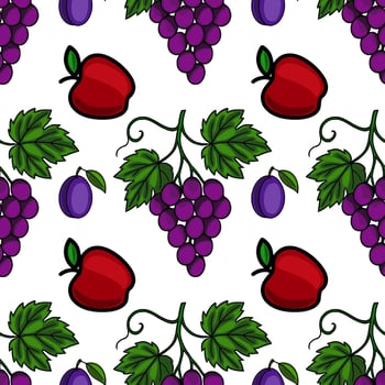 Seamless pattern of hand drawn red apples, purple grapes, and plums on a white background, creating a vibrant and cheerful fruit design. vector