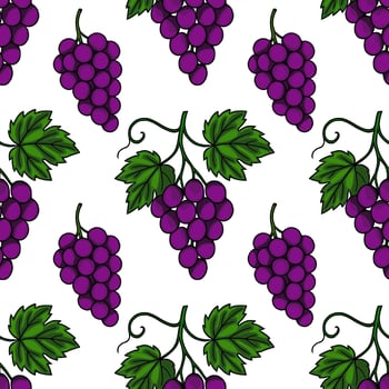 Seamless pattern of hand drawn bunches of dark purple grapes with green leaves, creating a vibrant and juicy illustration perfect for wine labels or autumnal designs. vector