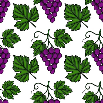 Seamless pattern of hand drawn bunches of purple grapes and green vine leaves, creating a vibrant and fresh design ideal for various applications. vector