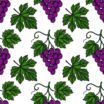 Seamless pattern of hand drawn bunches of purple grapes and green vine leaves, creating a vibrant and natural design perfect for various applications. vector