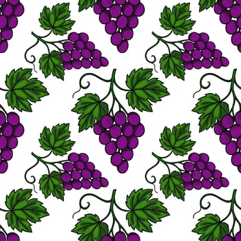 Seamless pattern of hand drawn bunches of purple grapes with green leaves, creating a vibrant and natural design ideal for various applications. vector