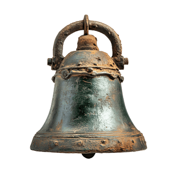 Ancient rusted bell with green patina and metal handle isolated on transparent background png