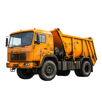 Grungy orange dump truck with a large cargo bed isolated on transparent background png