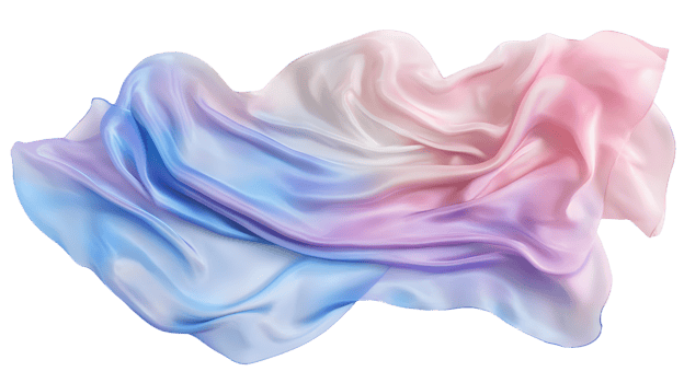 Flowing iridescent silk fabric with pastel gradient colors isolated on transparent background png