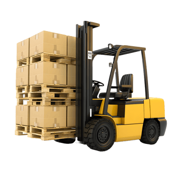 Yellow forklift truck lifting stack of cardboard boxes on wooden pallets isolated on transparent background png