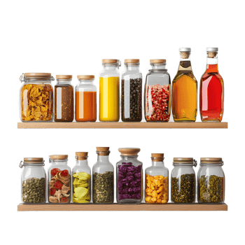 Collection of assorted food ingredients in glass jars on wooden shelves isolated on transparent background png