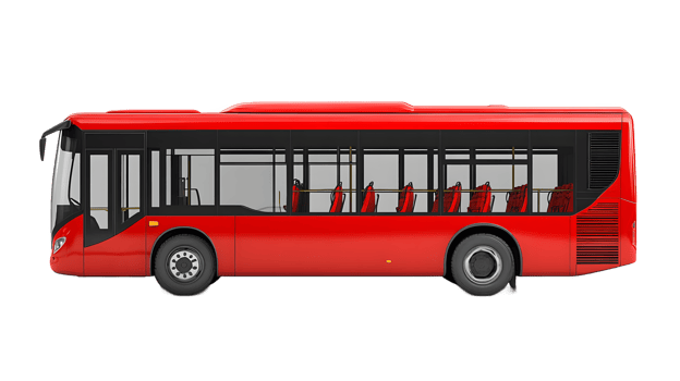 Modern red city bus with passenger seats visible isolated on transparent background png