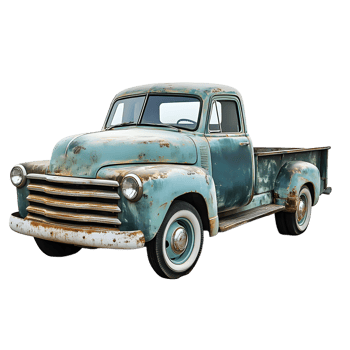 Vintage turquoise distressed pickup truck with chrome grille and white wall tires isolated on transparent background png