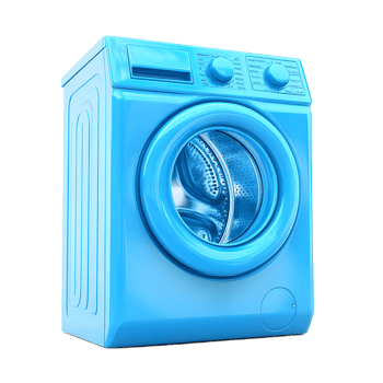 Modern shiny blue washing machine appliance with control panel and drum isolated on transparent background png