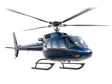 Sleek dark blue luxury helicopter with rotor blades and landing gear isolated on transparent background png