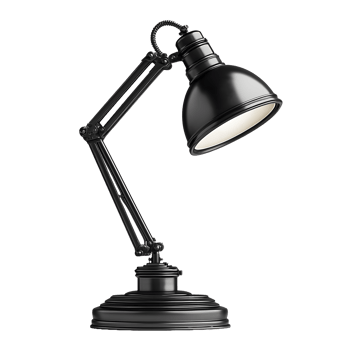 Classic black articulated desk lamp with adjustable arm and circular base isolated on transparent background png