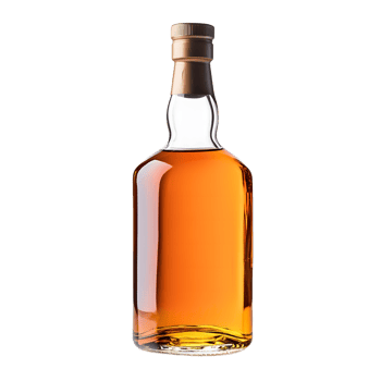 A clear glass bottle filled with amber colored liquid isolated on transparent background png