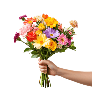 Hand holding a colorful bouquet of mixed flowers isolated on transparent background png
