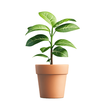 A healthy green plant with prominent veins on its leaves growing in a terracotta pot isolated on transparent background png