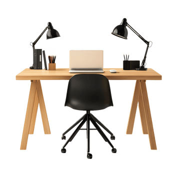 Modern wooden desk with laptop chair and desk lamps isolated on transparent background png