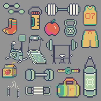 Pixel art fitness items and equipment vector