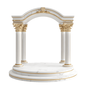 Elegant white marble archway with golden corinthian columns and tiered pedestal isolated on transparent background png