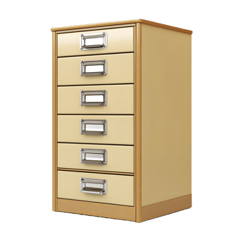 A vintage style wooden filing cabinet with six drawers and metal label holders isolated on transparent background png
