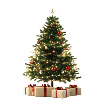 Festive christmas tree decorated with lights ornaments and gifts isolated on transparent background png