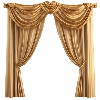Elegant gold silk stage curtains with ornate swag valance and tiebacks isolated on transparent background png