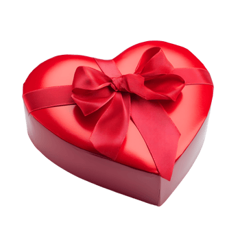Shiny red heart shaped gift box with a beautiful satin ribbon bow isolated on transparent background png
