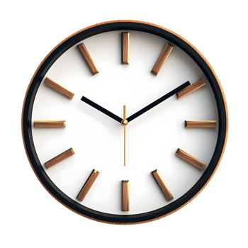 Modern minimalist wall clock with wooden hour markers and black hands isolated on transparent background png