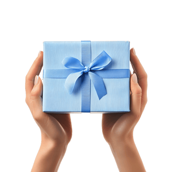 Hands holding a light blue gift box with a satin ribbon and bow isolated on transparent background png
