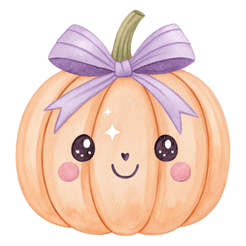Cute cartoon pumpkin with purple bow watercolor style isolated on halloween png