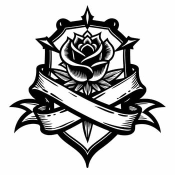 Ornate Black and White Rose Emblem with Blank Ribbon Banner vector