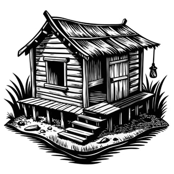 A small, old, wooden house with a porch and a ladder vector