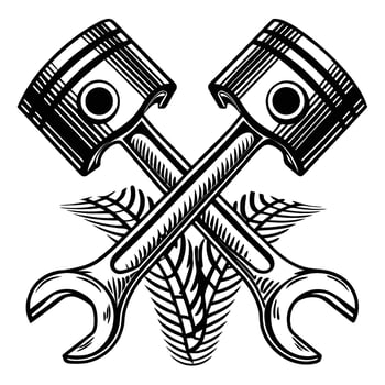 Crossed pistons and wrenches with tire tread automotive repair, mechanics tools, engine maintenance emblem design vector