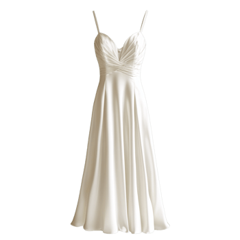 Chic Modern Silk Wedding Dress in Soft Beige Tone with Flowy A-Line Skirt and Ruched Bodice Isolated on Transparent Background png