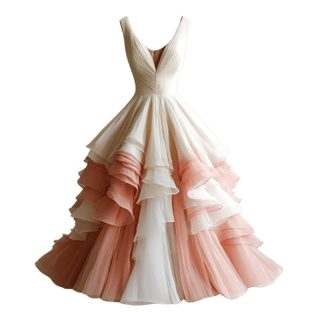 Elegant Two-Tone Wedding Dress with Flowing Layered Ruffles on Transparent Background png