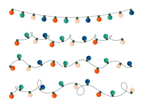 Horizontal curved Christmas light string stylized frame. Classic rounded shaped bulbs. vector