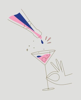 Hand holding glass of martini cocktail and bottle drawing in flat line style on beige background vector