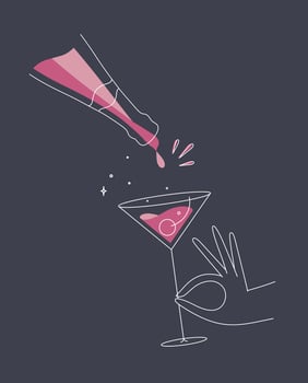 Hand holding glass of martini cocktail and bottle drawing in flat line style on dark blue background vector