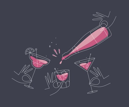 Hand holding pina colada, whiskey, martini glasses drawing in flat line style on dark blue background vector