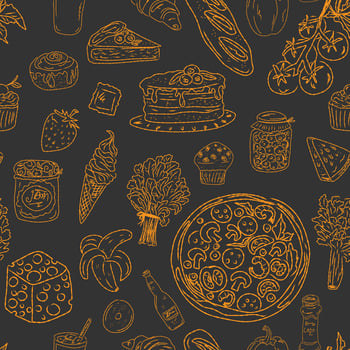 seamless pattern with food and drinks on a dark background vector