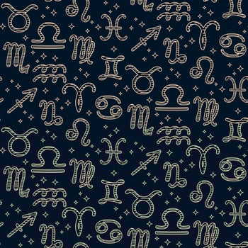 Seamless pattern with hand drawn zodiac signs and stars on dark background, elegant mystical style for astrology design. Concept of horoscope, mystery, esoteric and cosmic energy vector