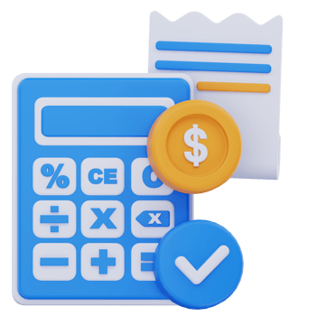 3D illustration of a calculator, receipt, dollar coin, and checkmark symbol, representing payment calculation, billing accuracy, and financial verification in a digital context. png