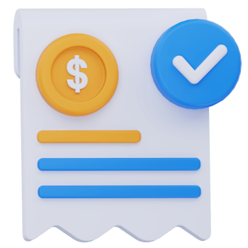 3D render of a bill or receipt icon with a dollar sign and a checkmark, in blue and yellow tones, representing a completed payment or successful transaction. png
