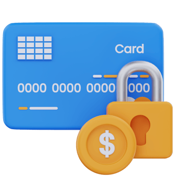 3D illustration of a blue credit card with a padlock and dollar coin, representing secure payments, data protection, and safe financial transactions in digital banking or e-commerce. png