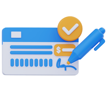 3D illustration of a blue and white bank cheque with a dollar symbol, signature, and pen, accompanied by a yellow checkmark icon, symbolizing payment approval or transaction completion. png