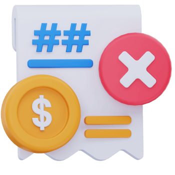 3D illustration of a receipt with a red error icon, dollar coin, and blue symbols, representing a failed payment, billing issue, or transaction error in a digital finance system. png