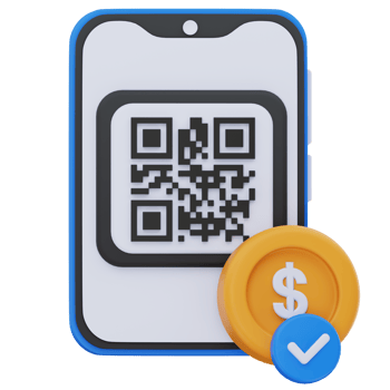 3D illustration of a smartphone displaying a QR code for mobile payment, with a dollar coin and blue checkmark icon, symbolizing secure and successful digital transaction. png
